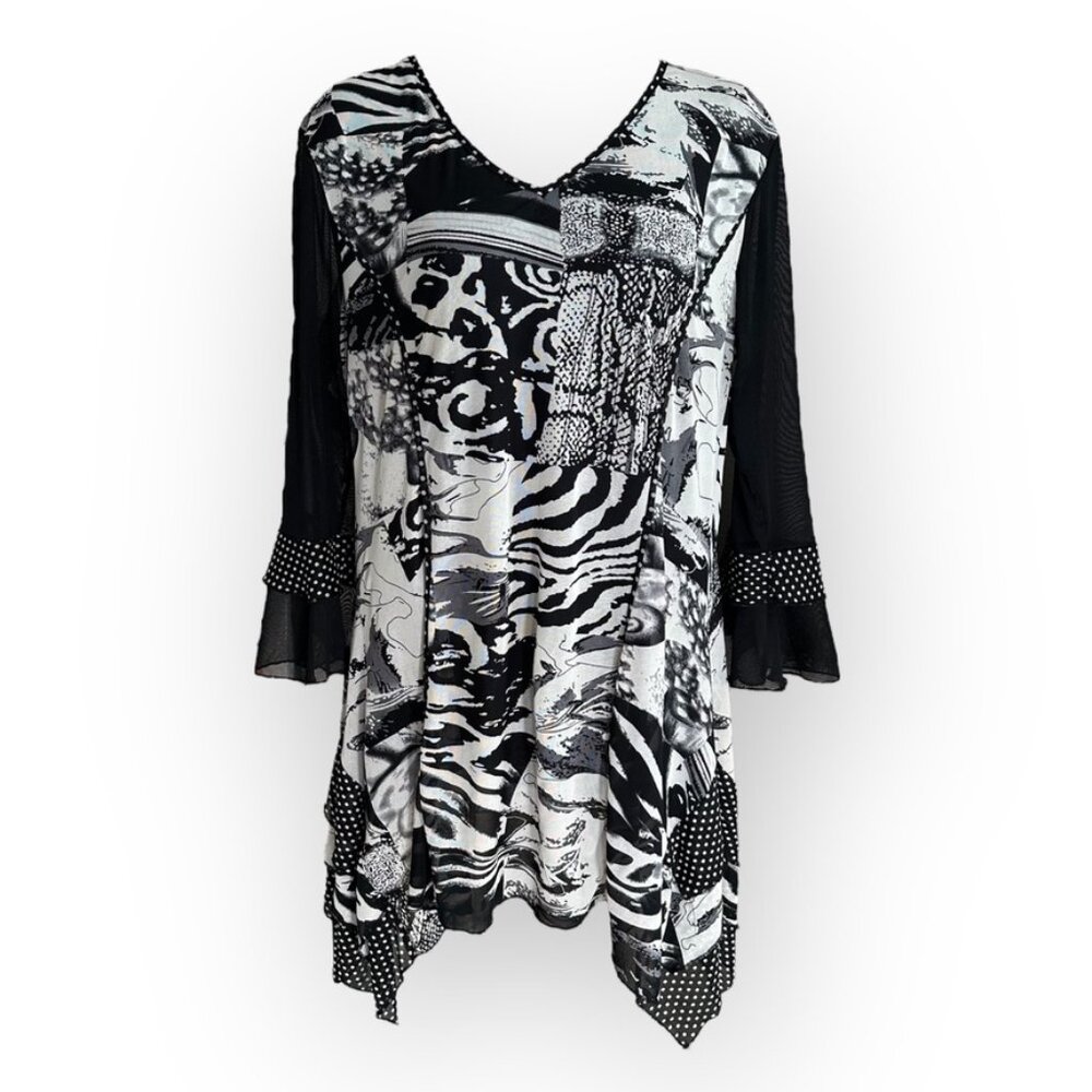 Mirror Image Black White Flowy Handkerchief Tunic Blouse 3/4 sleeves Large